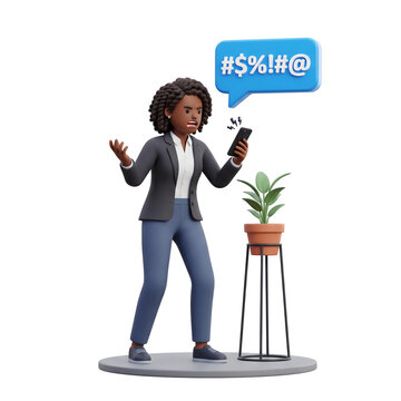 Stressed businesswoman holding phone with profanity symbol