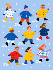 Fototapeta premium Colorful Children's Winter Outfits in a Snowy Scene