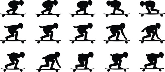 Collection of longboarder silhouette icons showing different speed tuck and downhill skateboarding poses for graphic design projects © Sreejoynaraon
