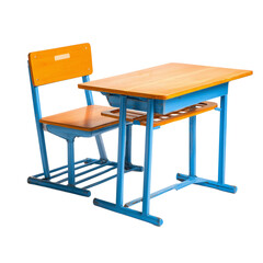 Fototapeta premium Wooden school desk with blue frame isolated on transparent background. PNG. Generated AI