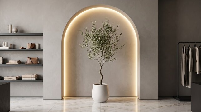 Minimalist Boutique Interior with Olive Tree and Illuminated Archway