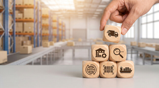 Hand stacking wooden blocks with supply chain icons to illustrate integrated logistics and efficient shipping management.