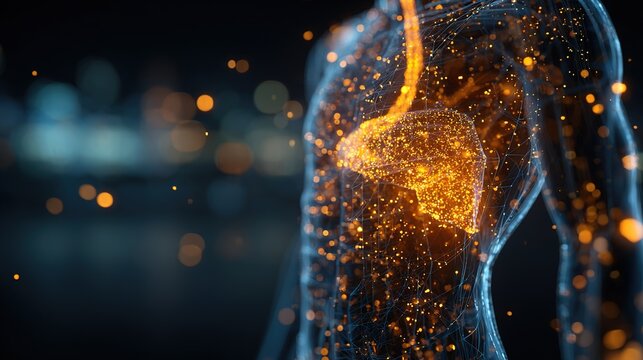 Side profile of a transparent human torso with pancreas glowing an erratic dimming orange light grid, surrounded by floating golden glucose molecules, representing insulin resistance and type 2 diabet