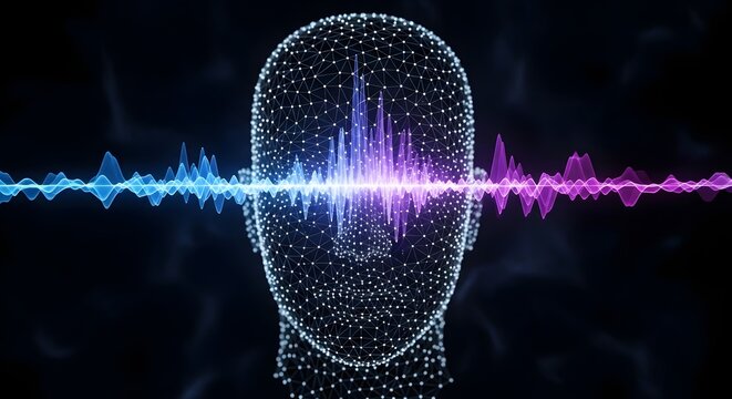 Abstract digital visualization of human brain activity and sound waves, representing audio perception and neuro-communication with vibrant light streams