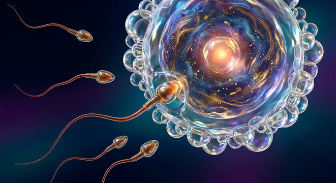A microscopic view shows sperm cells approaching a glowing human egg cell, representing the process of fertilization.
