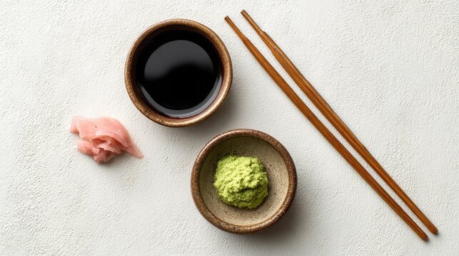 39.Top view flat lay of small bowl of soy sauce, mound of green wasabi paste, and thinly sliced pink pickled ginger arranged neatly on light surface, minimalist composition, harmonious spacing,
