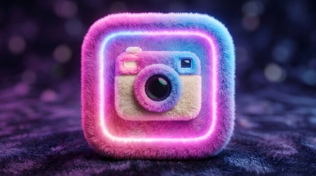 A fuzzy instagram logo with neon pink and blue lights on a dark background