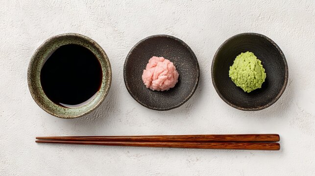39.Top view flat lay of small bowl of soy sauce, mound of green wasabi paste, and thinly sliced pink pickled ginger arranged neatly on light surface, minimalist composition, harmonious spacing,