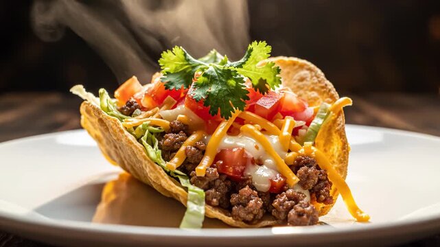 Single hard-shell beef taco on a white plate with steam rising, filled with seasoned ground meat, shredded lettuce, diced tomatoes, melted cheese, sour cream, and fresh cilantro.