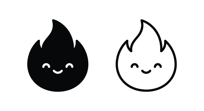 Two flame shapes one filled and one outlined with smiling faces a black and white silhouette