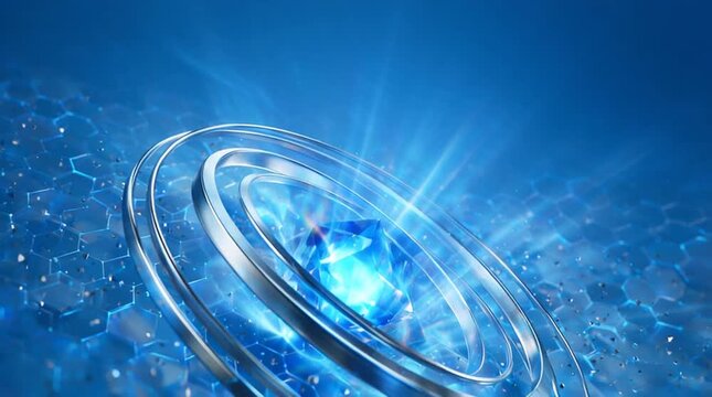 Abstract digital artwork of blue monochrome palette with glowing crystal gemstone and metallic ring, futuristic hexagon pattern, modern technology concept, 3D render