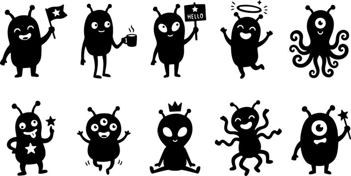 Set of cute alien character silhouettes in various poses and actions with silhouette character extraterrestrial creature collection isolated whimsical illustration elements movement
