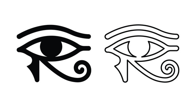 Two depictions of the eye of horus a black silhouette and a white outline silhouette
