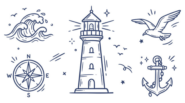 Hand drawn doodle set vector lighthouse with ocean wave, compass, flying seagull and ship anchor
