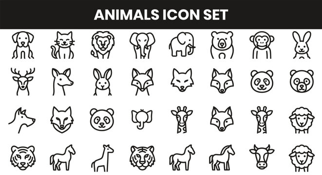 Minimalist line art animal icons set with various creatures