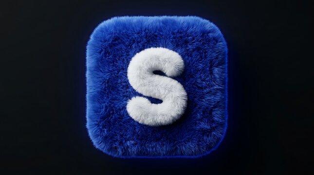Fluffy blue square with white letter s on dark background