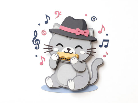 Cute gray cat playing harmonica with musical notes background