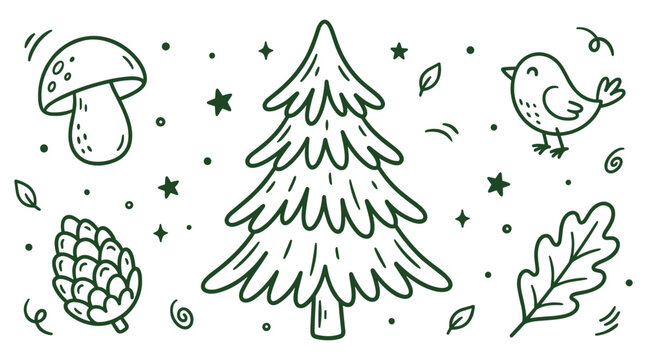 Hand drawn doodle set vector pine tree with mushroom, pinecone, small bird and oak leaf