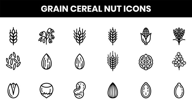 Set of black and white grain cereal and nut icons