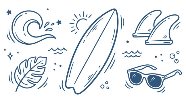 Hand drawn doodle set vector surfboard with ocean, wave, surfboard, fins, sunglasses and tropical leaf