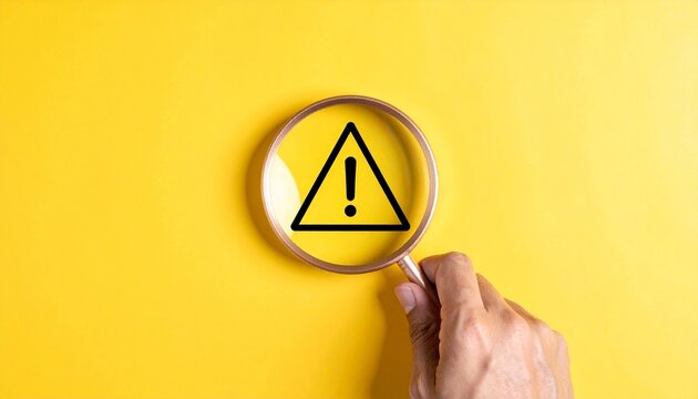 Magnifying glass reveals warning sign, caution focus on yellow background