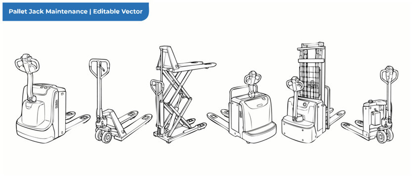 Pallet jack vector line art set of warehouse pallet trucks and material handling lift equipment for industrial logistics maintenance and shipping service diagram isolated on white background.