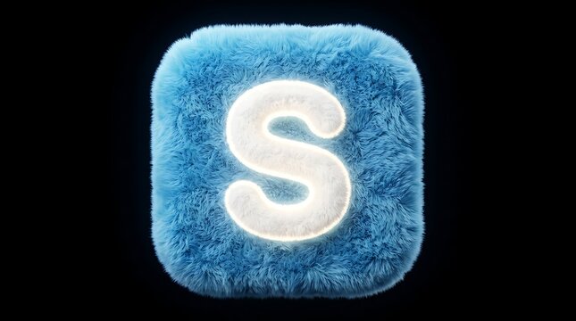 A fuzzy blue square with a glowing white letter s on it