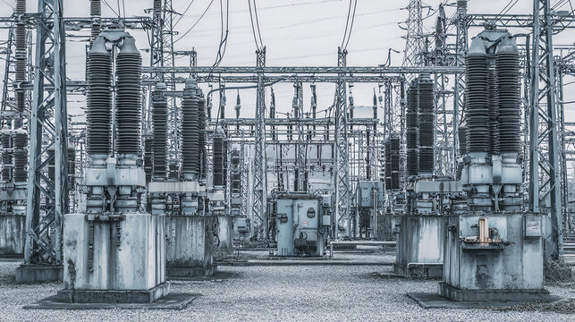 A detailed view of a modern electrical substation, showcasing equipment and machinery essential for power distribution.