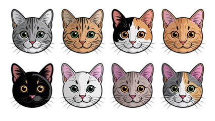 Fototapeta premium Six cartoon cats with different fur patterns and colors sitting side by side Vector