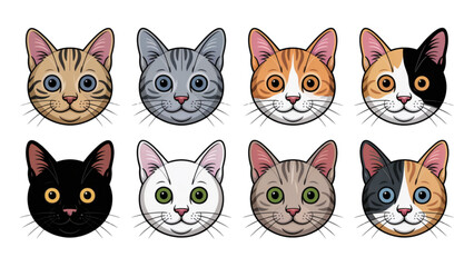 Fototapeta premium Six adorable cartoon cats with different fur patterns and colors sitting in a row Vector