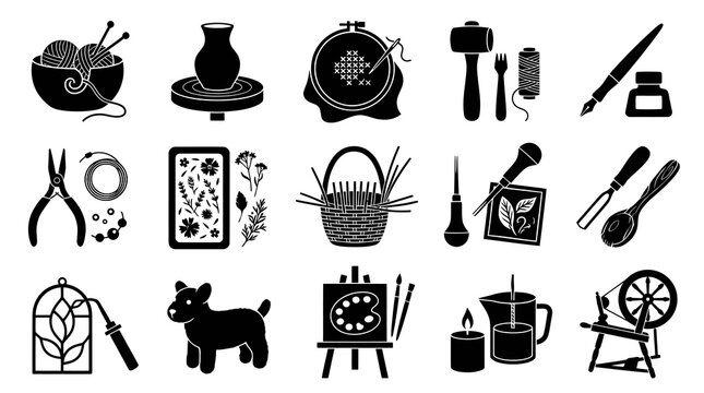 Handmade Crafts and Hobbies Icons Set, Black and White Glyph