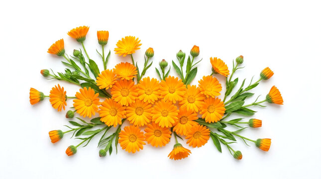 Beautiful Orange Calendula Flowers Arrangement Isolated on White Background
