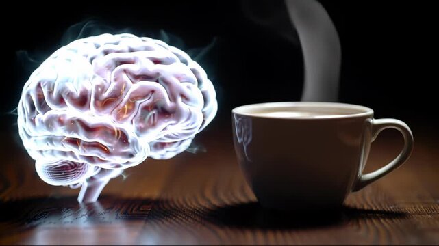 A glowing translucent human brain model emitting white vapor sits next to a steaming white ceramic cup of coffee on a dark wooden surface with a black background.