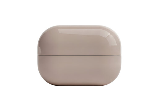 Beige wireless earphone charging case on display isolated on transparent background
