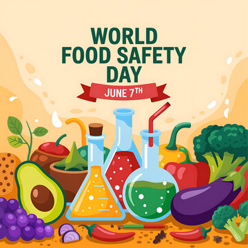 World food safety day graphic design with laboratory beakers and fruits laboratory experiment