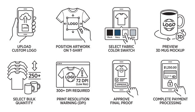 Custom logo design process for t-shirts and mugs online step by step.