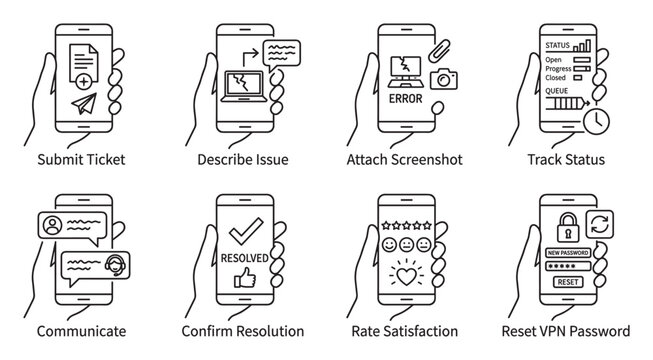 Customer support app interface for submitting tickets and tracking resolution progress.
