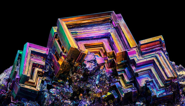 Iridescent bismuth crystal cluster with geometric hoppered cubic structures displaying vibrant rainbow colors of purple blue gold and green