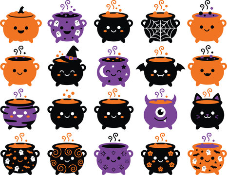 Cute halloween cauldrons with spooky elements on transparent background.