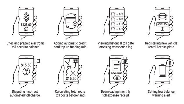 Electronic toll collection app features icons for prepaid balance and route cost tracing.