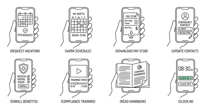 Employee mobile app for work schedule, requests, pay stub and benefits management.