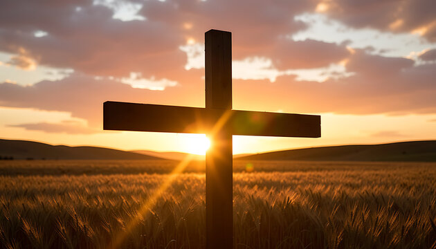 Christian cross against a beautiful sunset sky in nature