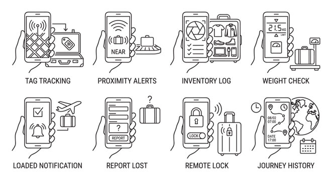 Luggage tracking mobile application showing tag proximity inventory and weight check.
