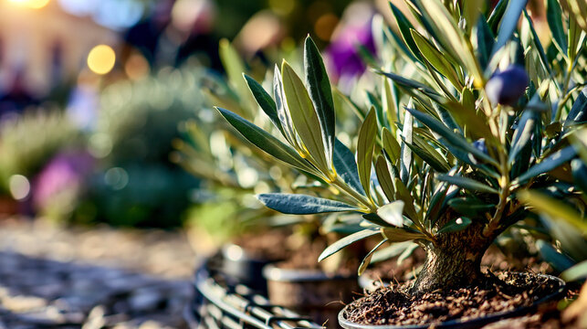A small potted olive tree sapling placed outdoors on a sunny day with warm natural garden