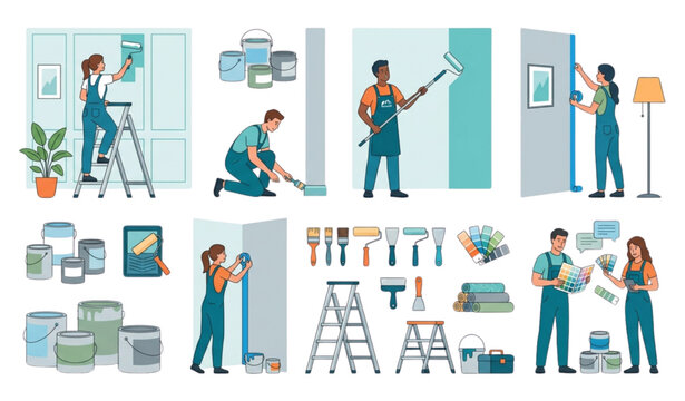 Home Renovation and Wall Painting Workers Flat Vector Set