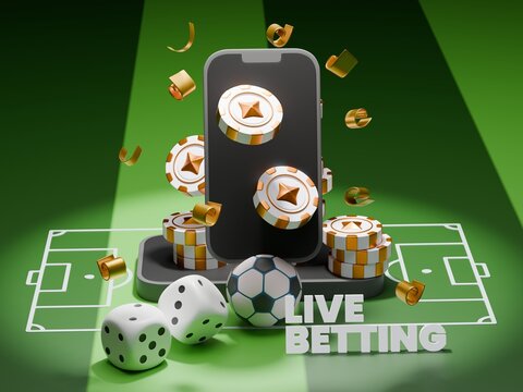 Illustration of online sports betting with soccer field, chips, and a mobile gambling interface.