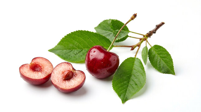 Fresh Red Cherries with Green Leaves and One Sliced Cherry on White Background