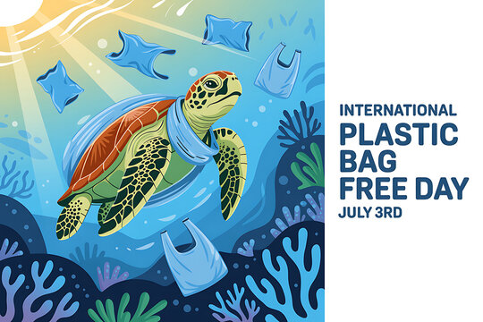International plastic bag free day sea turtle ocean pollution concept with pollution, environment