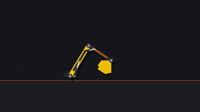 Premium flat vector illustration of a mechanical excavator arm lifting a heavy yellow stone on a dark background