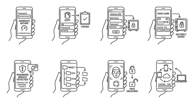 Password manager app ui screens for secure password generation and card saving.